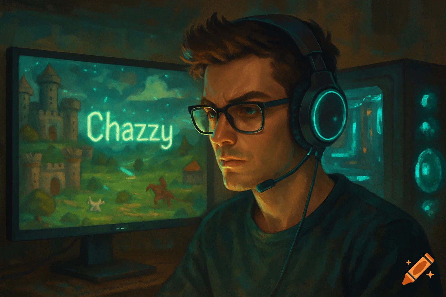 A focused male gamer with glasses and headphones playing a fantasy game on his computer, lit by screen glow.