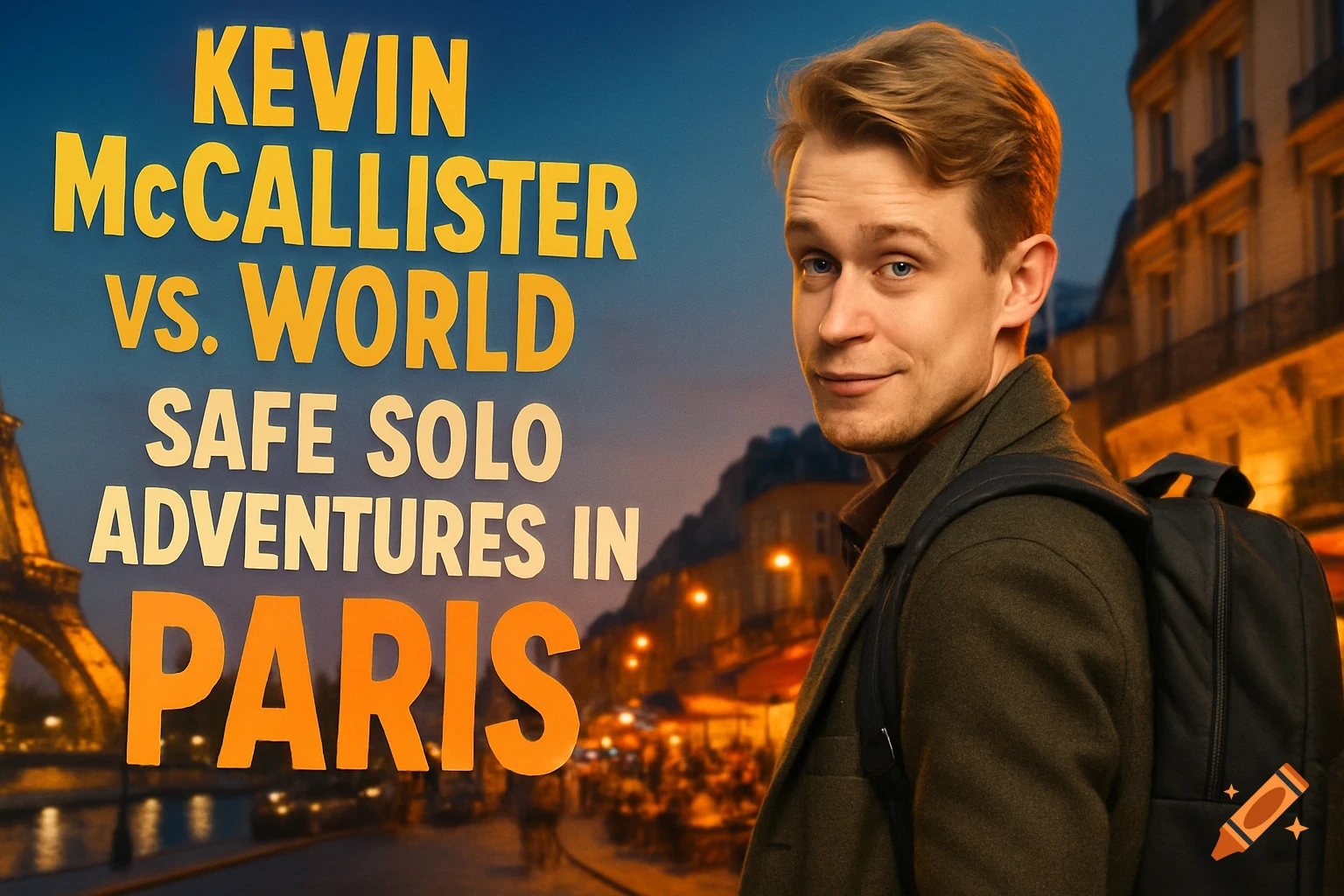 A man resembling a grown-up Kevin McCallister with a backpack smiles against a blurred Parisian cityscape at dusk, with bold text overlay.