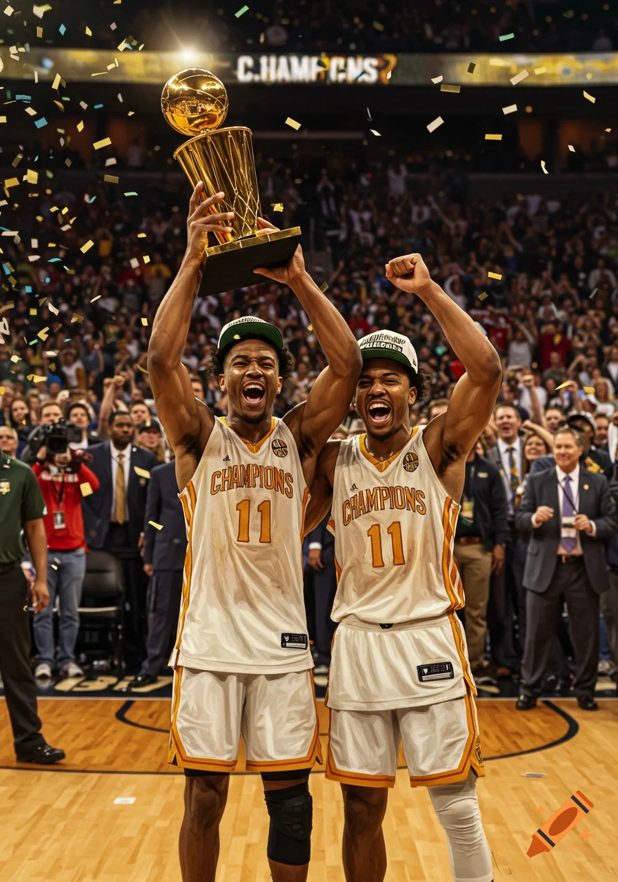 Two excited male basketball players in white and orange jerseys, number 11, holding a golden championship trophy high above their heads amidst falling confetti on a court.