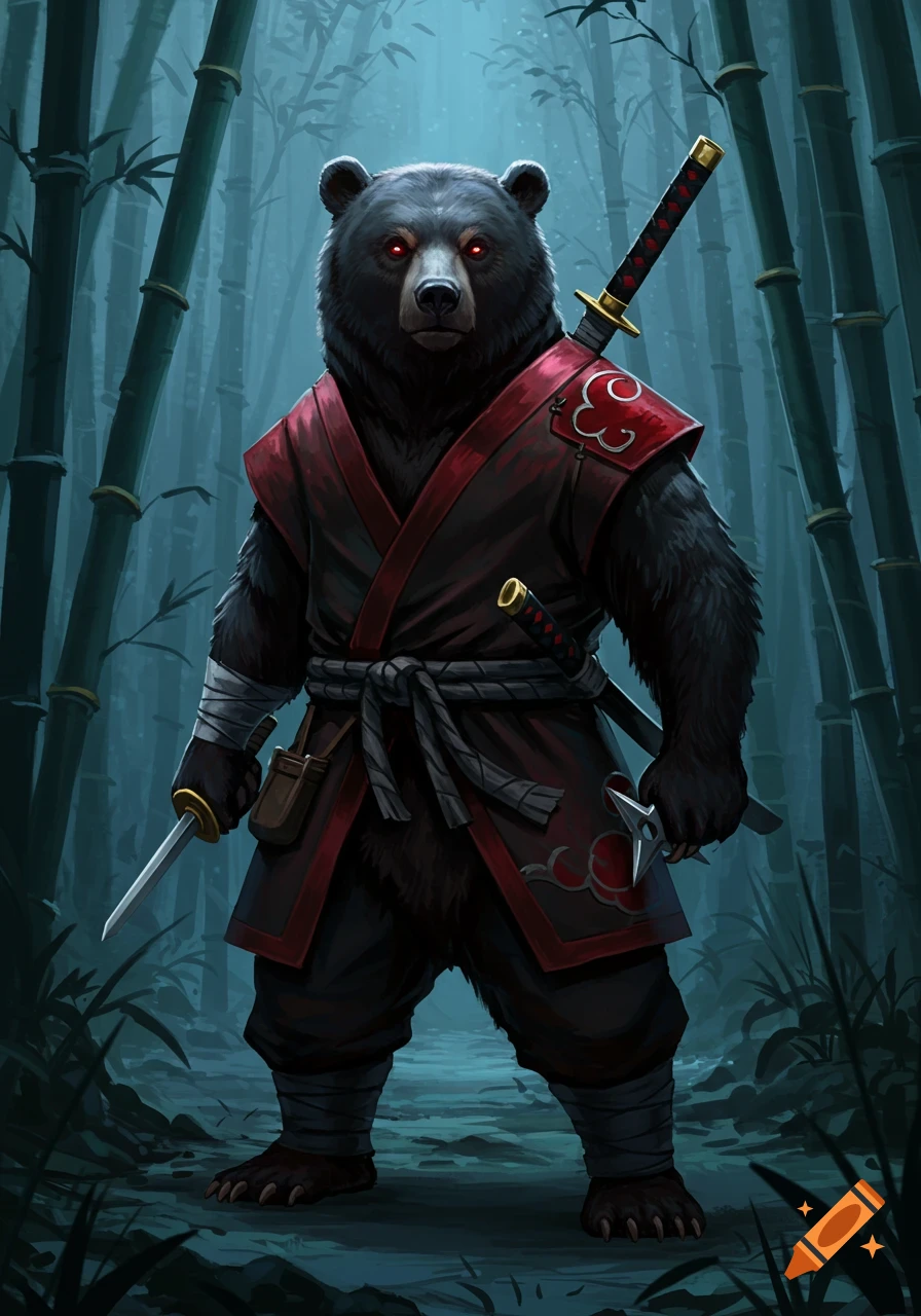 A formidable black bear in a red and black ninja outfit with glowing red eyes holds a dagger and shuriken in a dim bamboo forest.