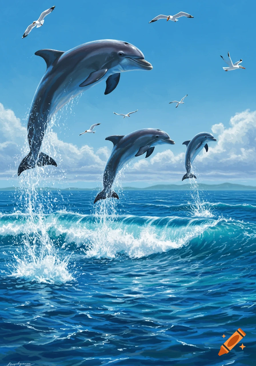 Three dolphins leap out of a wavy blue ocean, creating splashes, with white seagulls flying under a bright blue sky with clouds. Illustration style.