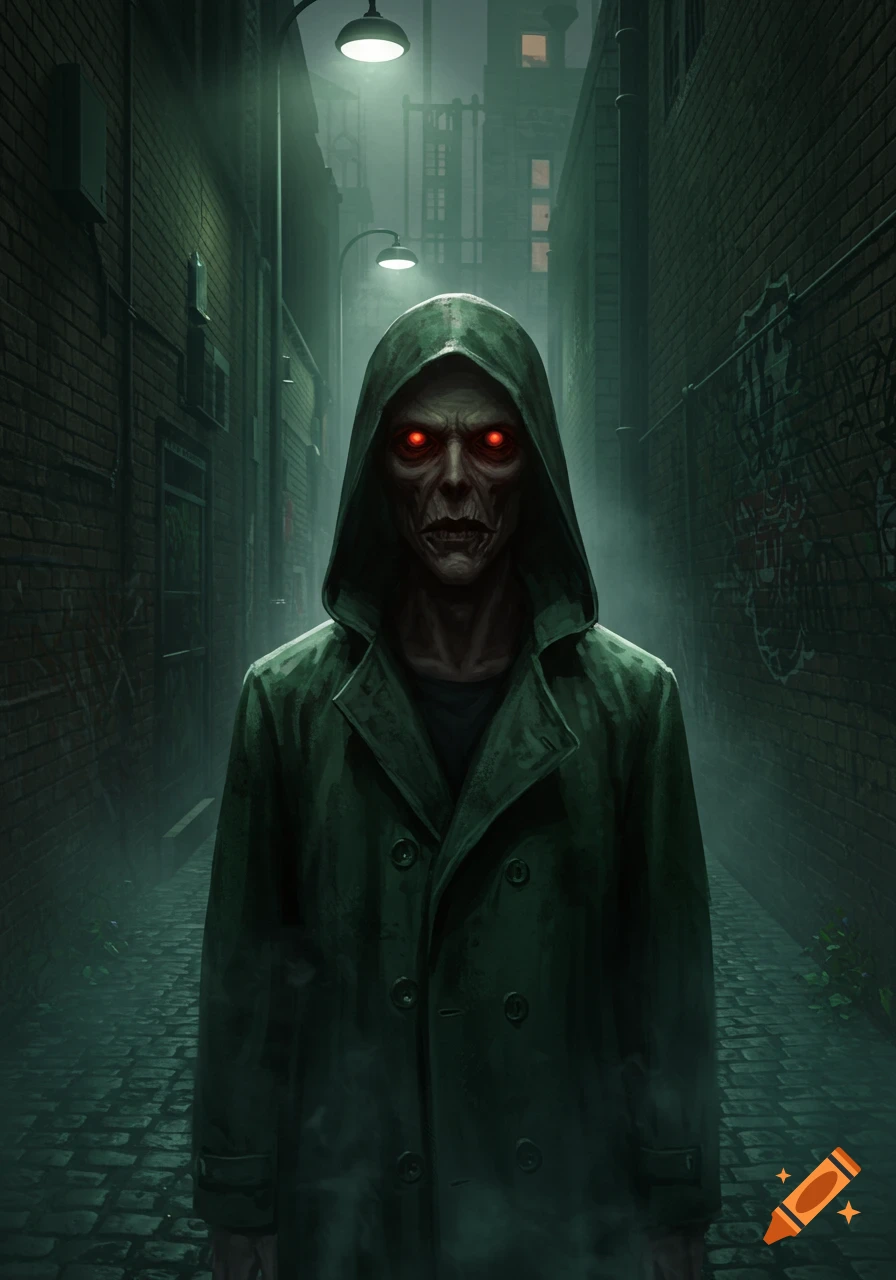 A pale, gaunt man with glowing red eyes in a green hooded raincoat stands in a misty, dark alleyway.