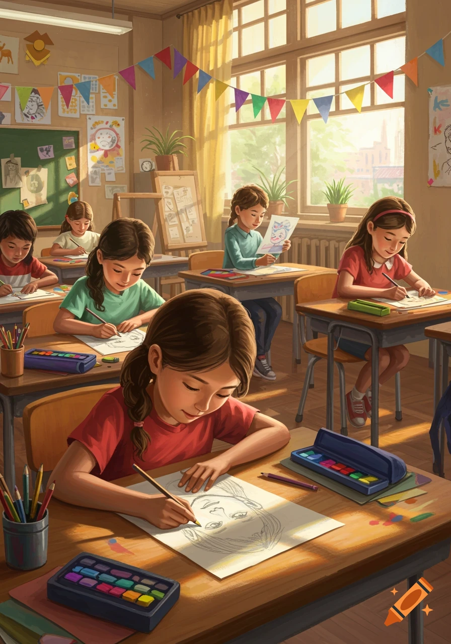 Children drawing self-portraits in a brightly lit classroom with colorful decorations.