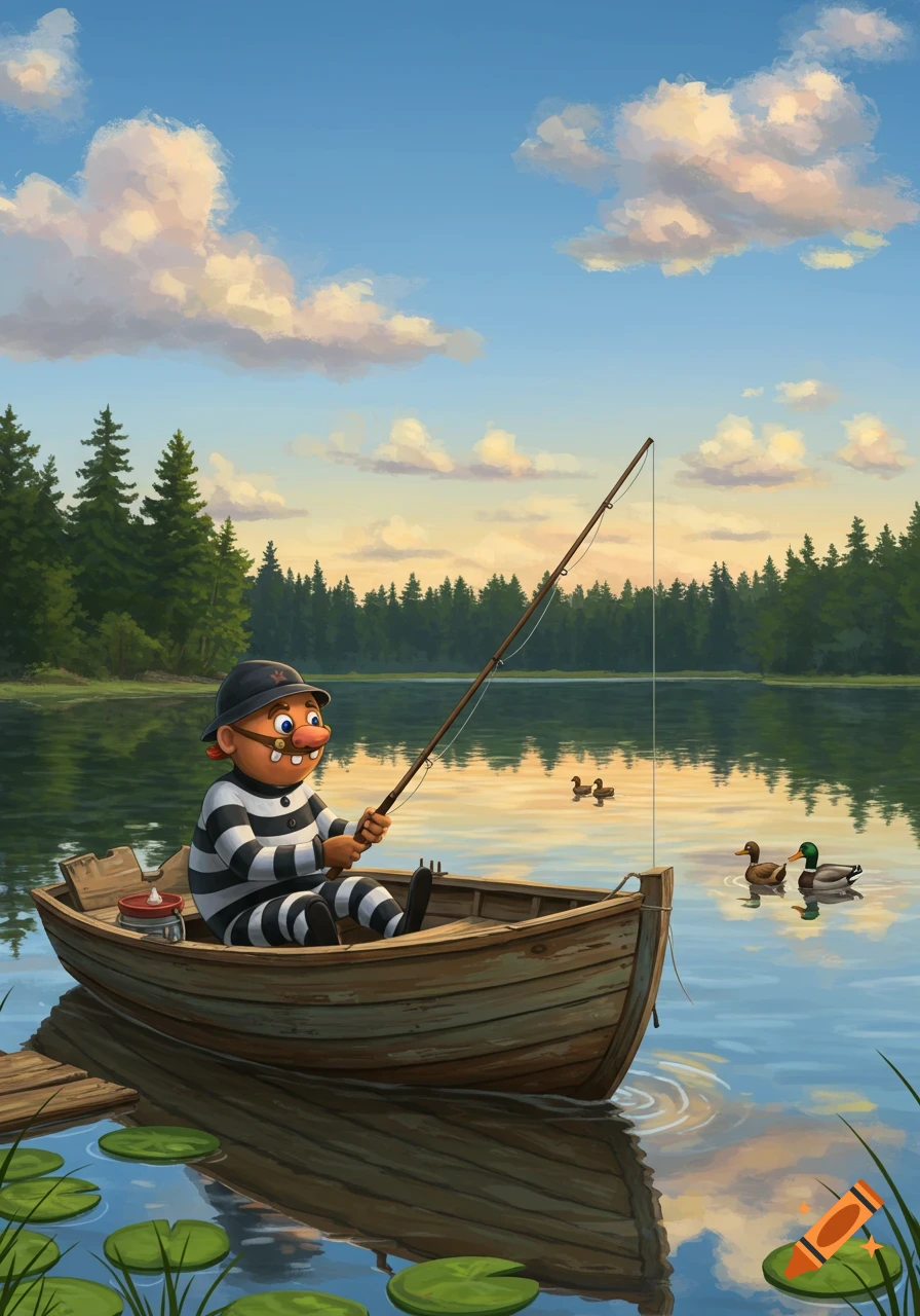 A cartoon character dressed as a prisoner fishes from a small wooden boat on a serene lake surrounded by pine trees, with ducks swimming nearby.