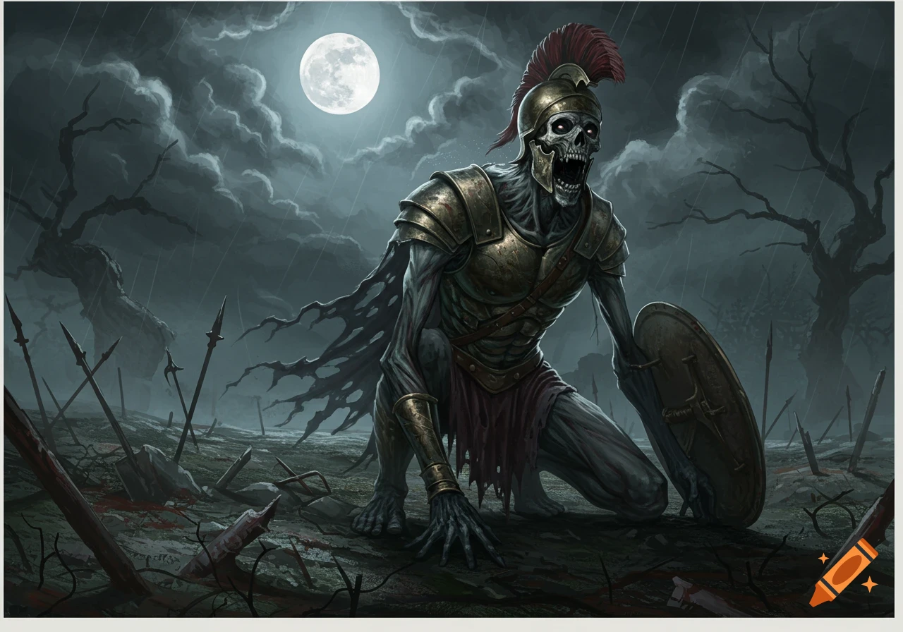 A roaring skeletal ghoul in ancient Roman-style armor crouches on a bloodied battlefield under a full moon and stormy sky.