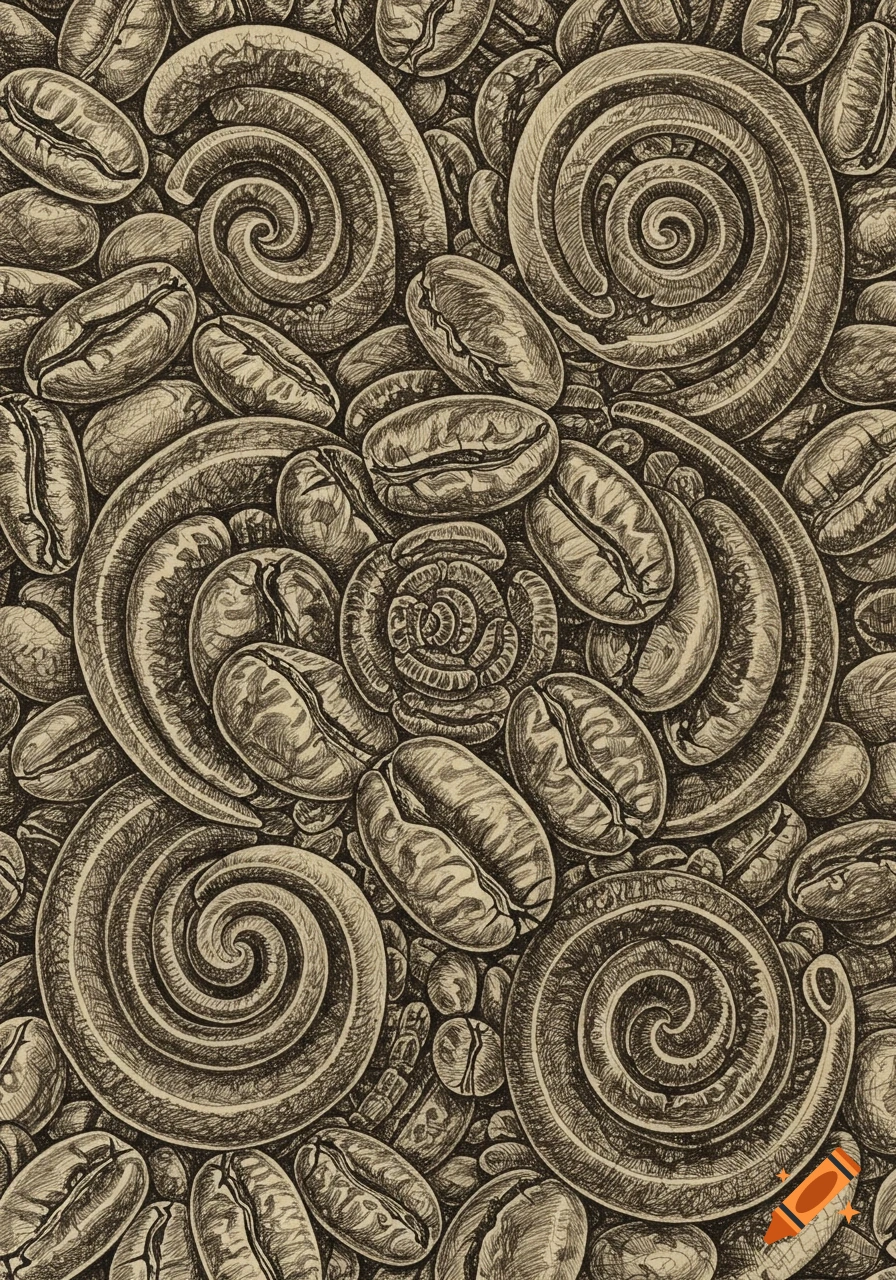 Detailed sketch of coffee beans and swirling patterns in a sepia tone, in the style of M.C. Escher.