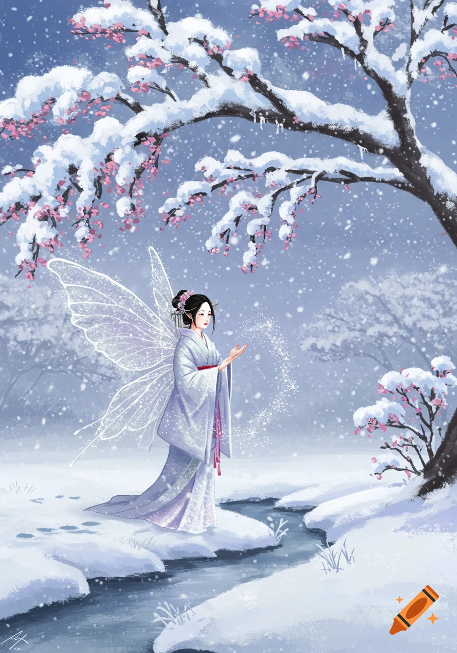 A Japanese fairy in a kimono with glowing wings conjures magic in a snowy forest with pink cherry blossoms and a stream, illustration.