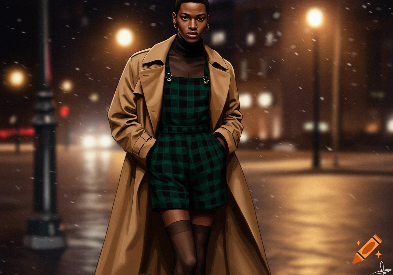 A person in a camel trench coat and green plaid jumper stands on a snowy city street at night, illuminated by streetlights.