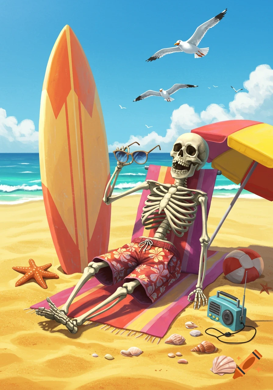 Cartoon skeleton in floral swim shorts relaxes on a beach chair under an umbrella with a surfboard, radio, and seagulls.