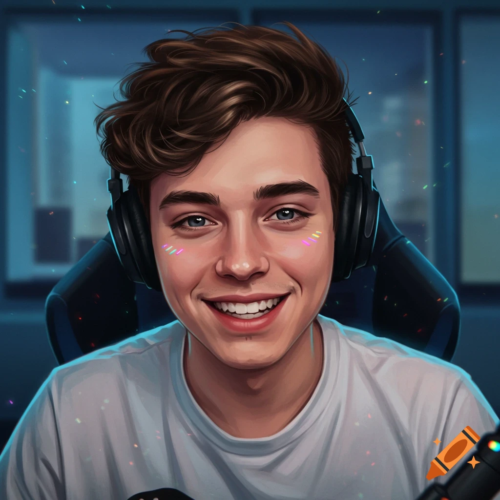 Smiling young man with brown hair and headphones, wearing a white t-shirt, looking into the camera. Digital art style.