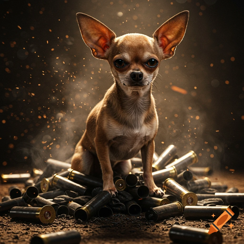 A brown chihuahua with large ears sits dramatically on a pile of empty shotgun shells with dust and light particles in the air.