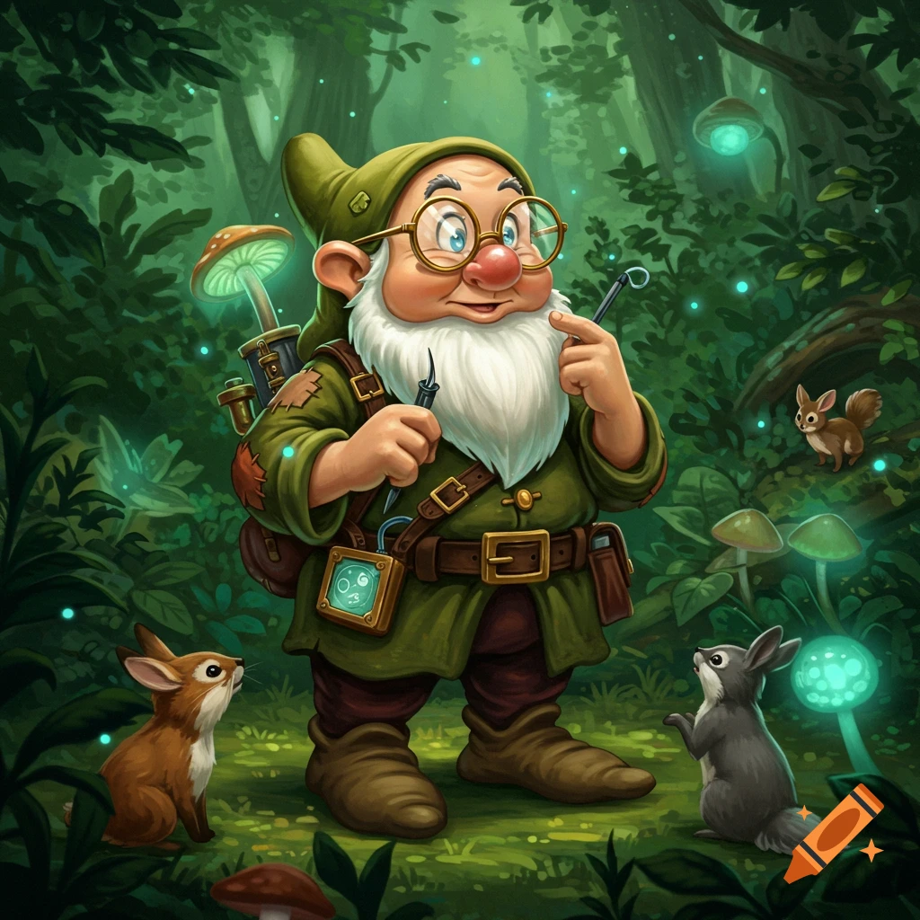 A nerdy dwarf with glasses and a white beard holds tools in a magical forest with glowing mushrooms, a rabbit, and a squirrel.
