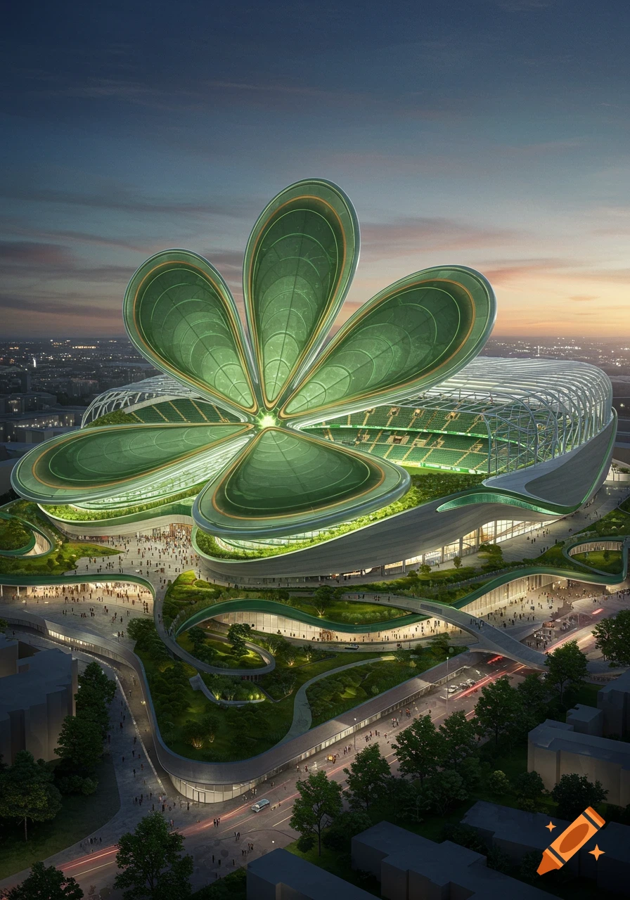 Aerial view of a futuristic stadium with a giant green four-leaf clover roof, surrounded by green terraces and city lights at dusk.