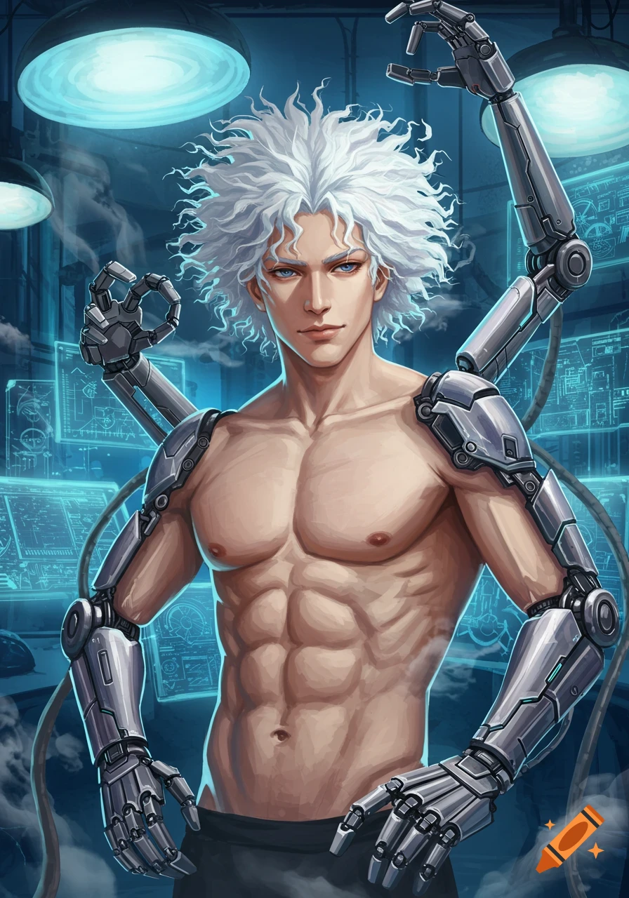 Anime-style handsome man with white curly hair and mechanical arms posing in a blue-lit futuristic lab.