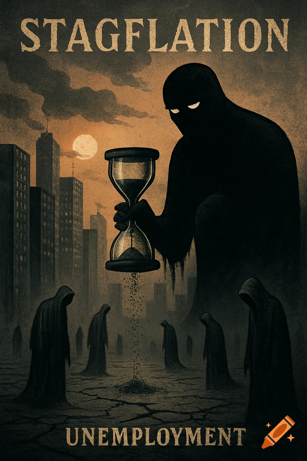Dark, stylized illustration of a giant shadowy figure holding an hourglass over a cracked cityscape with robed figures. Text reads "STAGFLATION" and "UNEMPLOYMENT".