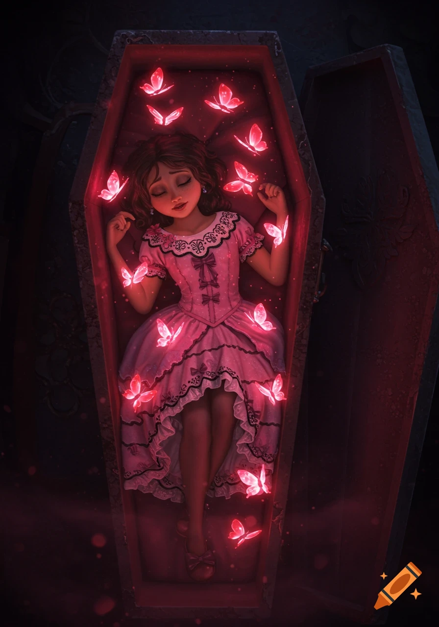 A stylized young woman resembling Mirabel Madrigal lies in an open coffin, wearing a frilly pink and black dress, surrounded by glowing pink and red butterflies.