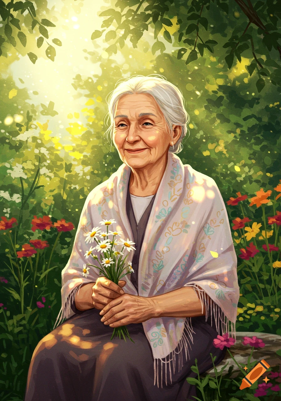 Stylized illustration of a smiling elderly woman with white hair holding daisies in a sunny, lush garden.