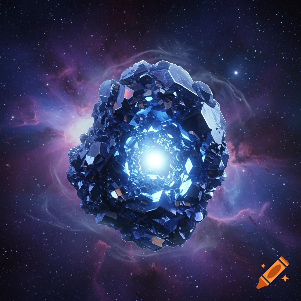 A large, dark blue crystal with a glowing blue core against a purple nebula and stars.