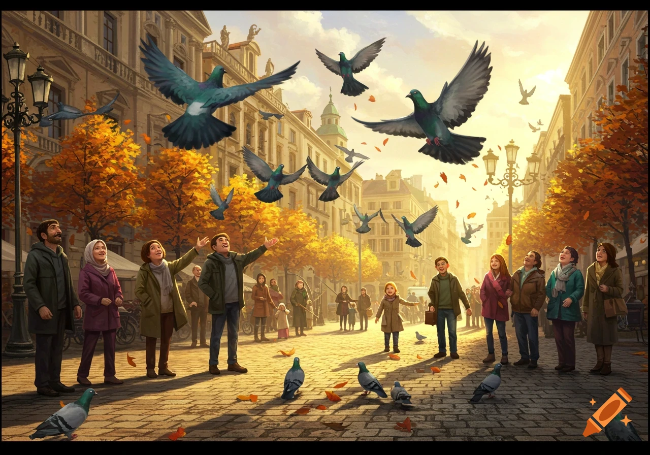 People look up at pigeons flying and walking on a cobblestone street lined with autumn trees in a sunny city.