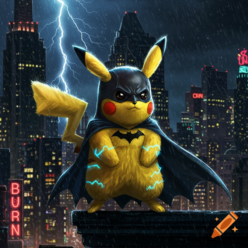 Pikachu dressed as Batman stands on a rainy city rooftop at night, with lightning striking in the background.