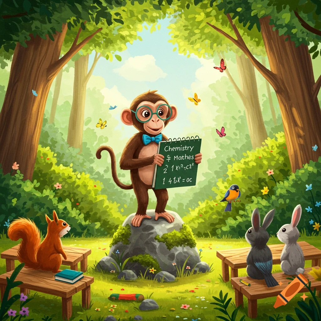 A cute cartoon monkey in glasses and a bow tie teaches Chemistry & Maths to a squirrel, rabbits, and a bird in a vibrant forest.