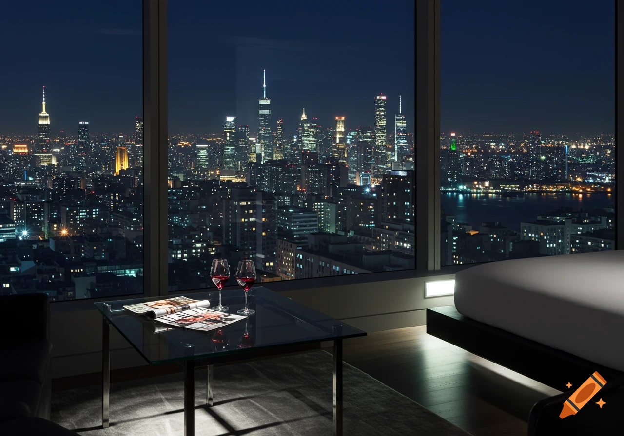 Photorealistic night view of a vibrant cityscape with skyscrapers and a river, seen from a high-rise room with wine glasses and a magazine on a glass table.