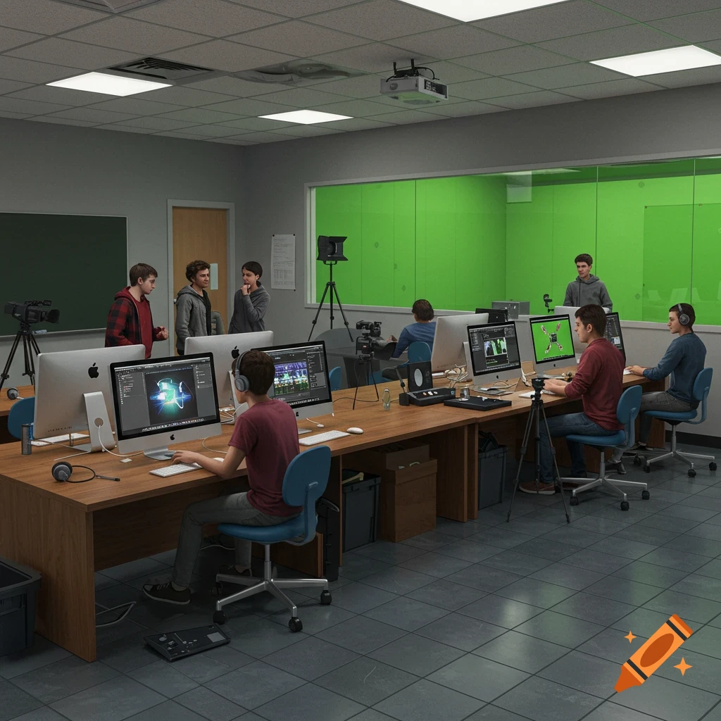Students work on Mac computers at long desks in a high school media classroom, with a green screen studio visible through a window in the background. Tripods and sound equipment are also present.