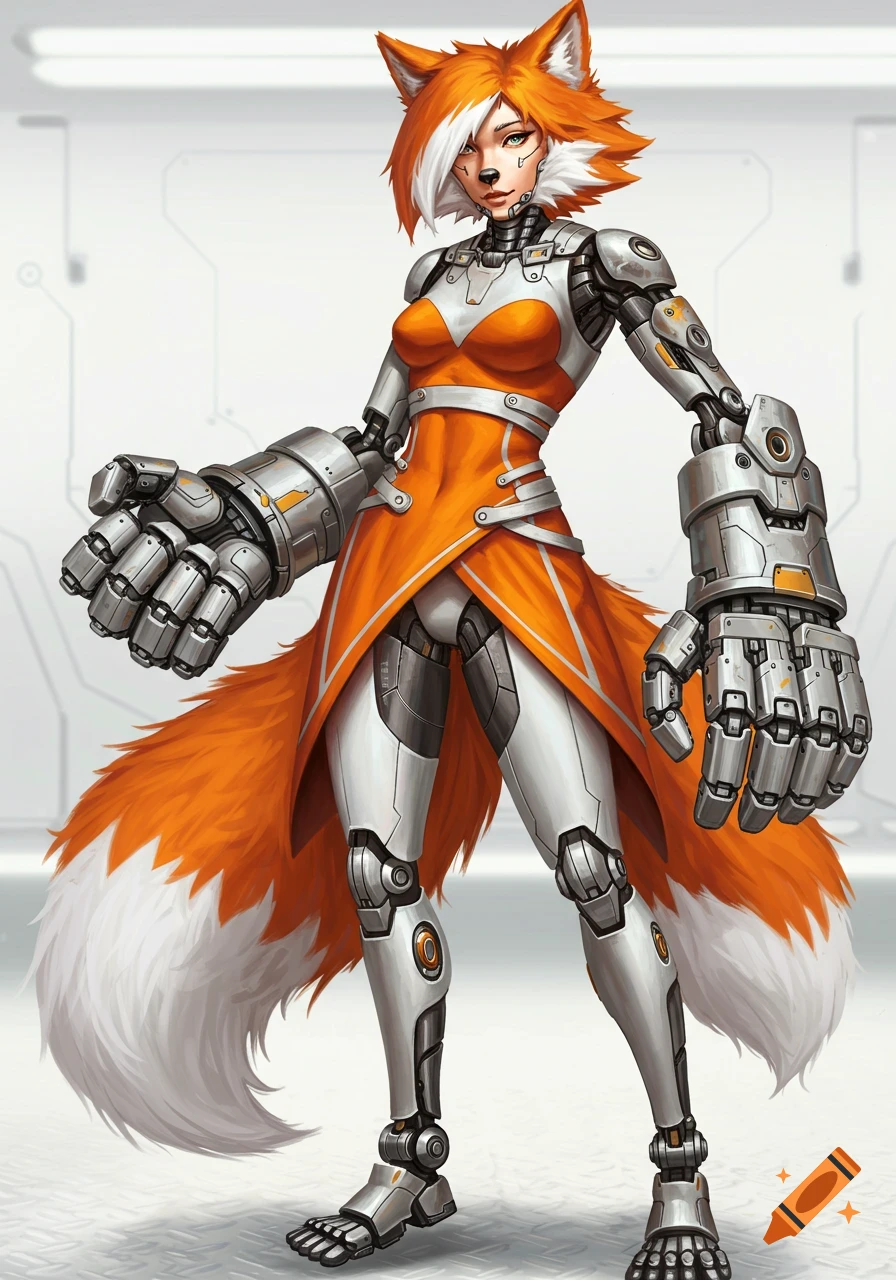 A female fox-like cyborg character with large mechanical gauntlets and a fluffy tail, wearing an orange and white outfit.