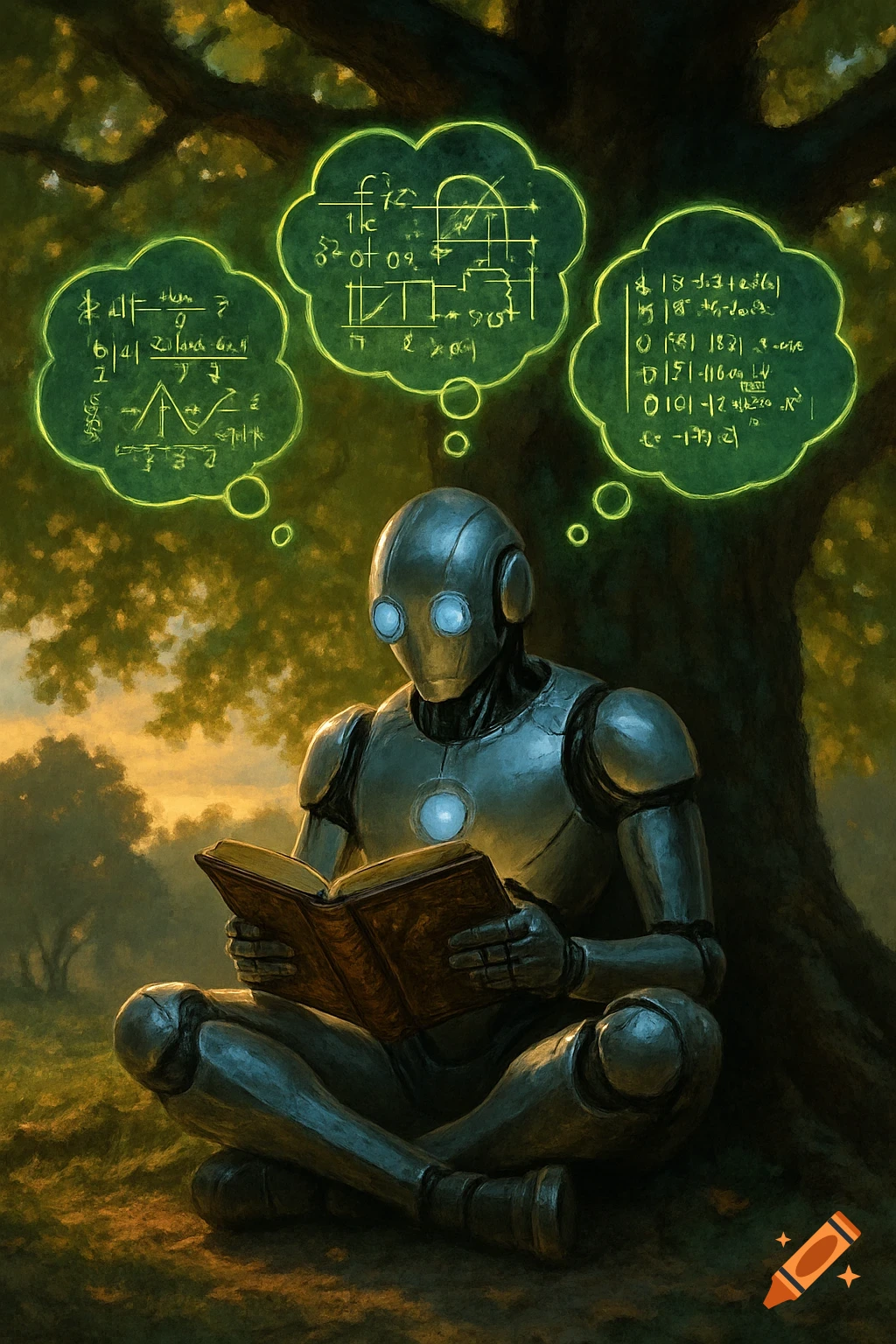 A metallic robot sits under a tree, engrossed in a book, with glowing thought bubbles above its head filled with abstract symbols and equations, in a painterly style.