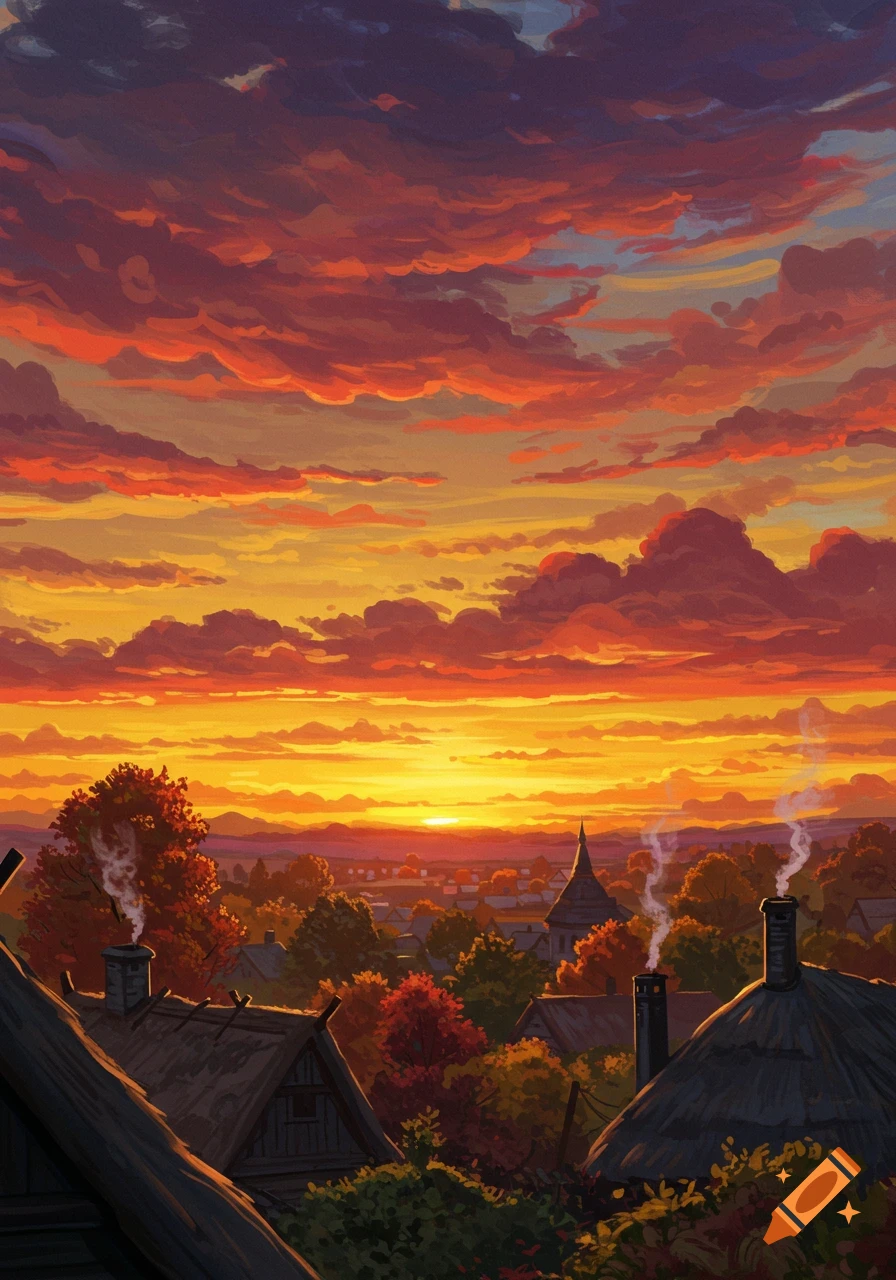 Vibrant sunset over a rustic village with smoke from chimneys and autumn trees, in a stylized painting.