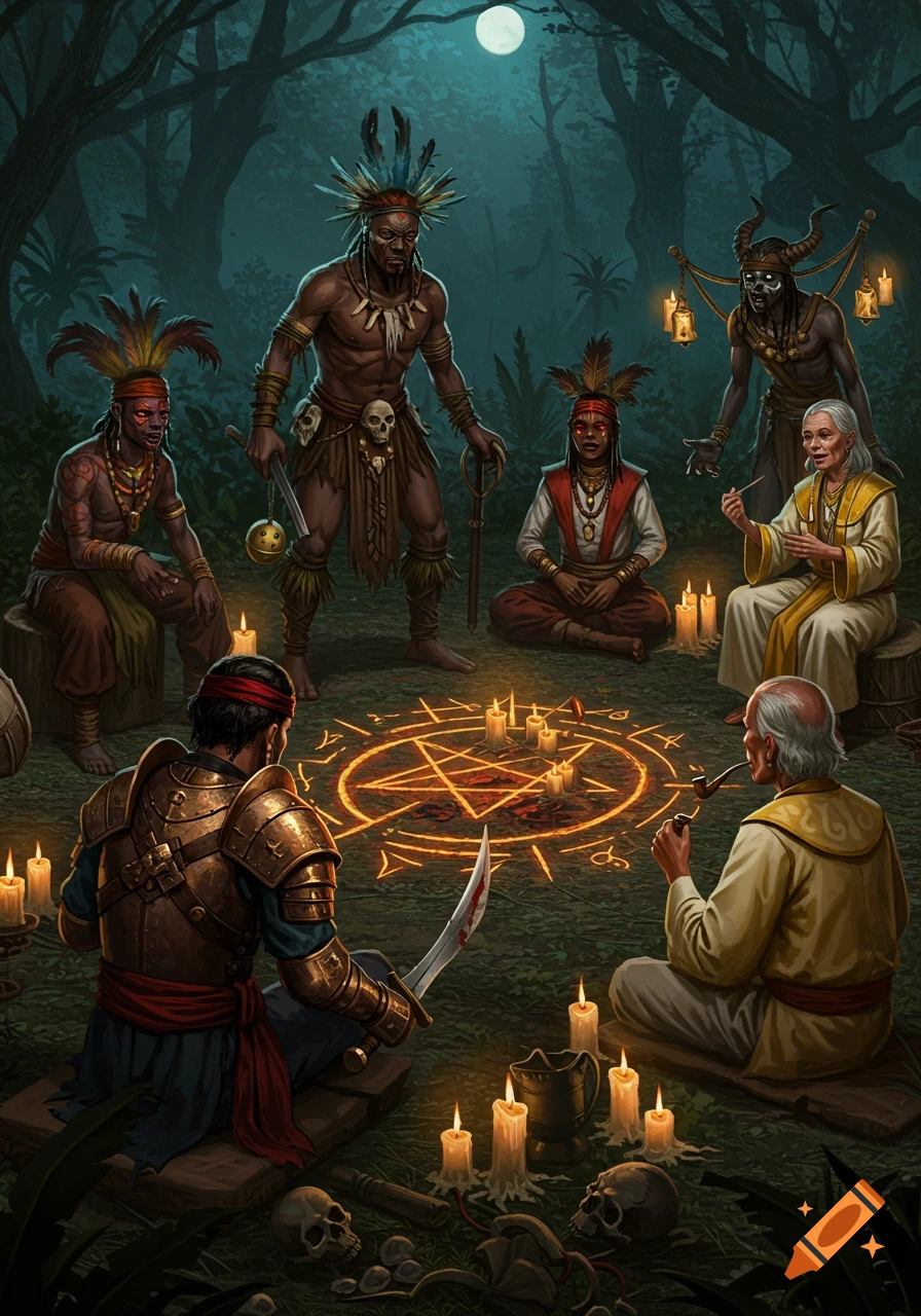 A Voodoo-themed war council gathers in a dark forest under a full moon, performing a ritual around a glowing pentagram sigil.