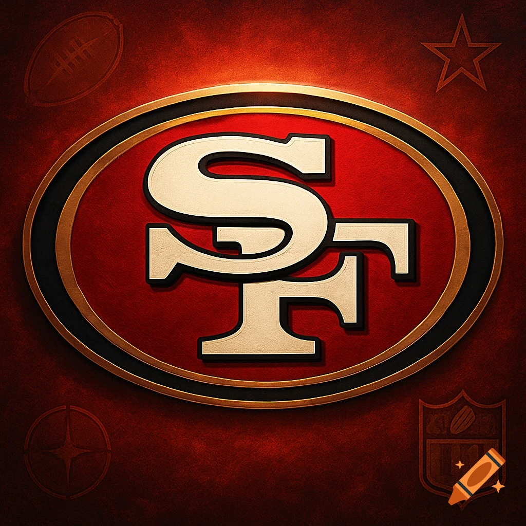 Gold and red San Francisco 49ers 'SF' logo on a textured red background with faint sports icons.