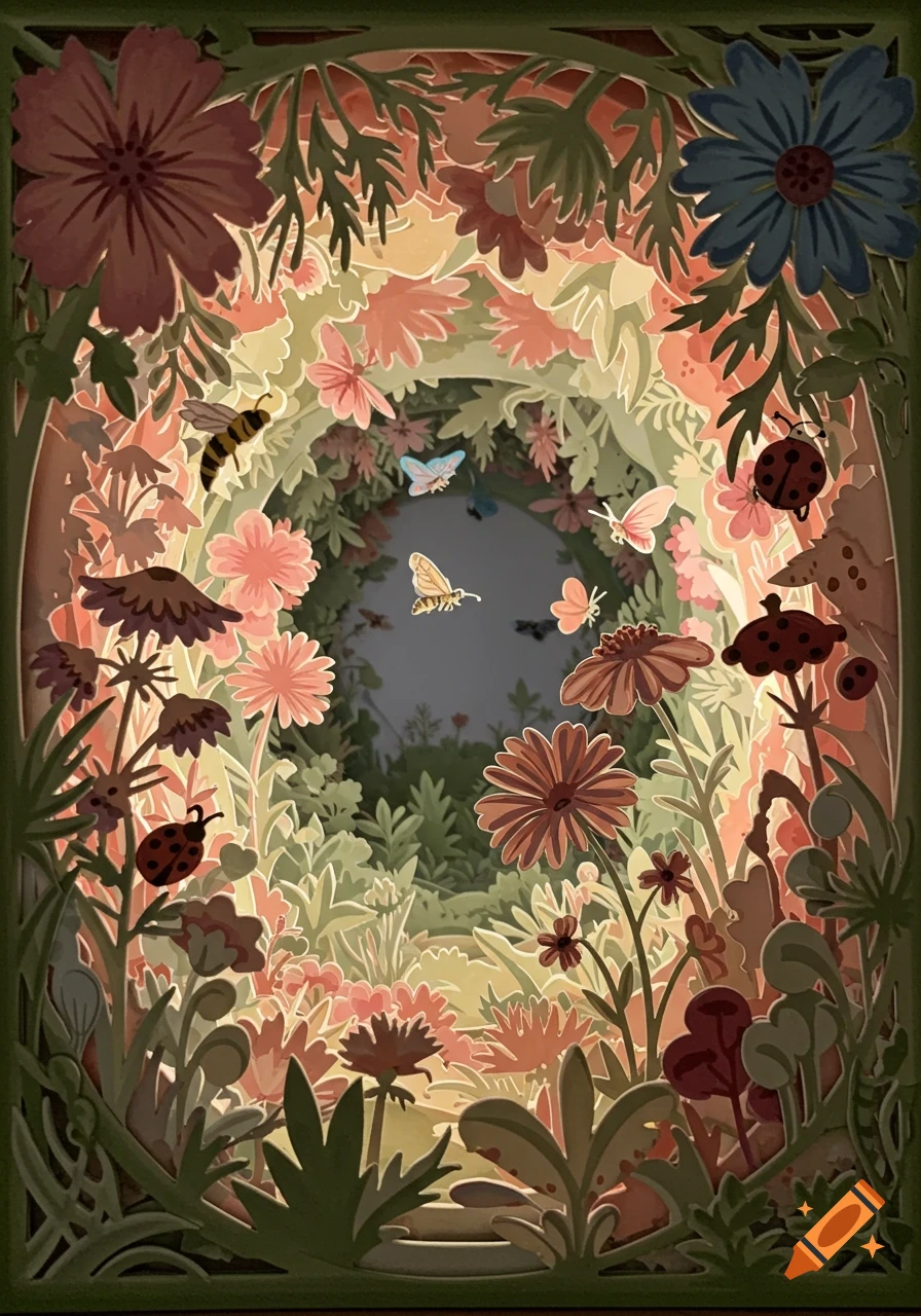 Vibrant layered paper-cut illustration of a garden tunnel book with flowers, butterflies, bees, and ladybugs.