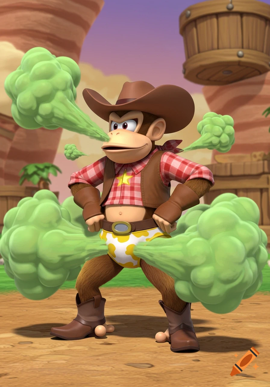 Diddy Kong, dressed as a cowboy, with hands on hips, farting massive green fumes in a desert-like background. 3D animation style.