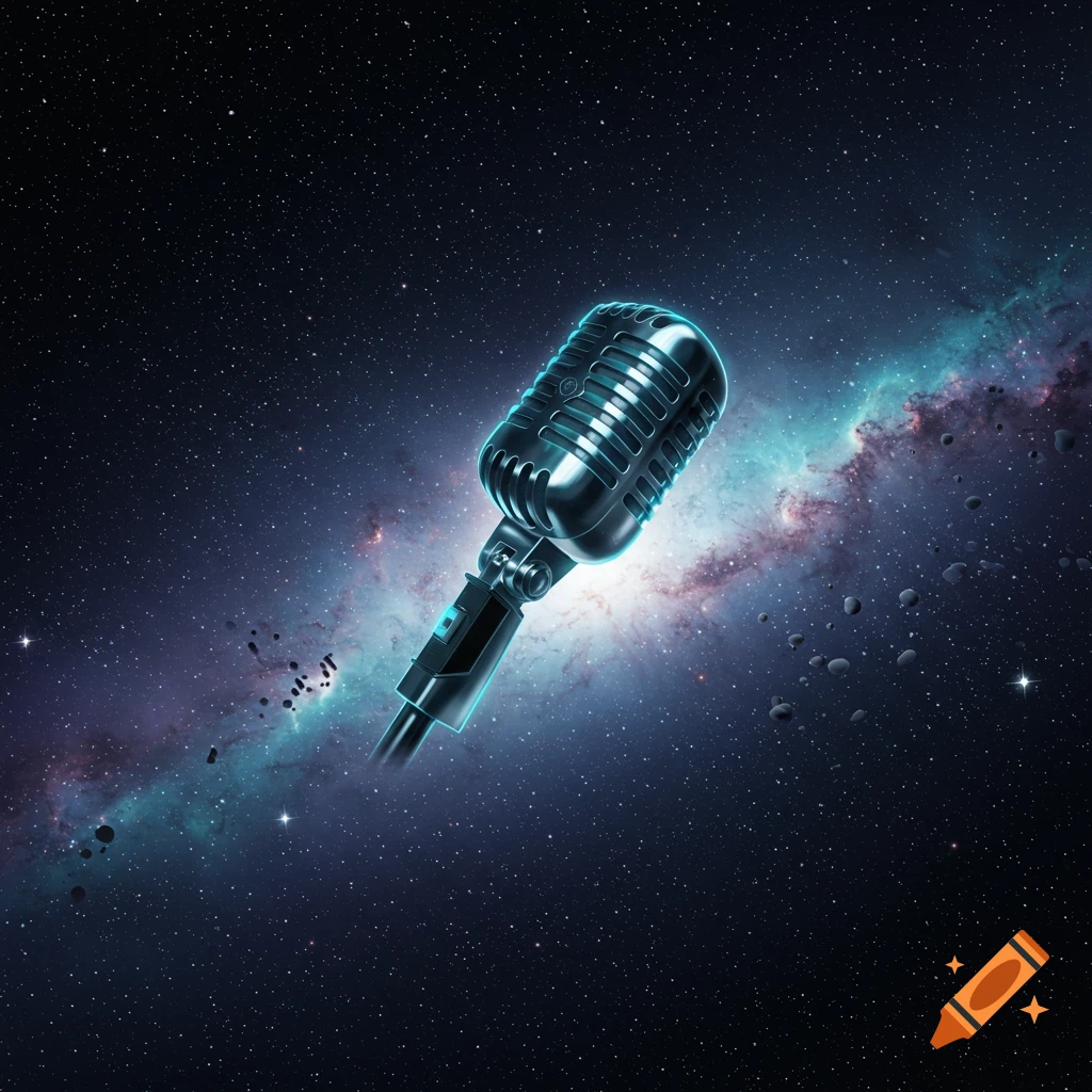 A vintage-style microphone with a blue glow floats in deep space, surrounded by stars, a colorful nebula, and small asteroids.