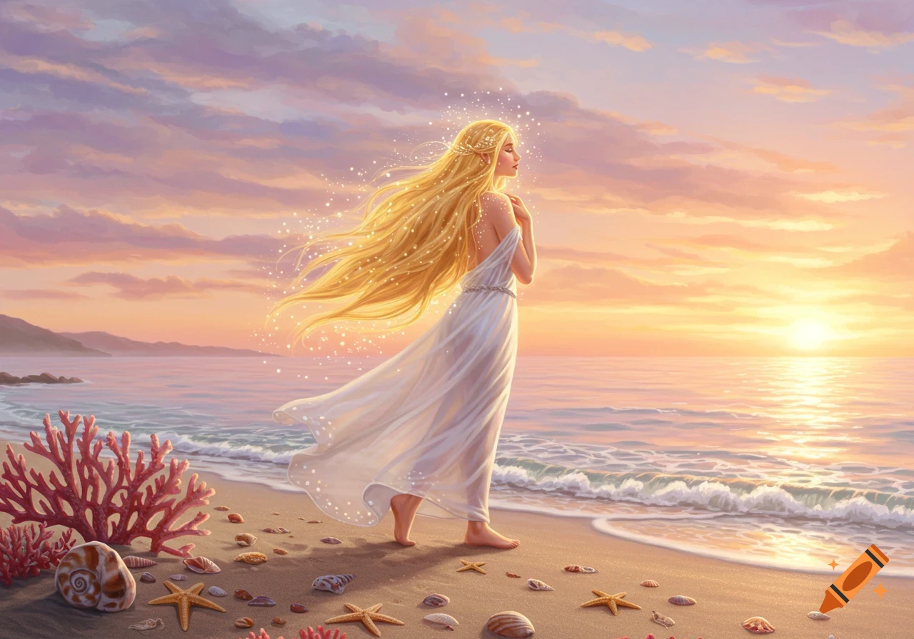 A blonde goddess with sparkling hair stands on a sunset beach with shells and coral, looking at the ocean.