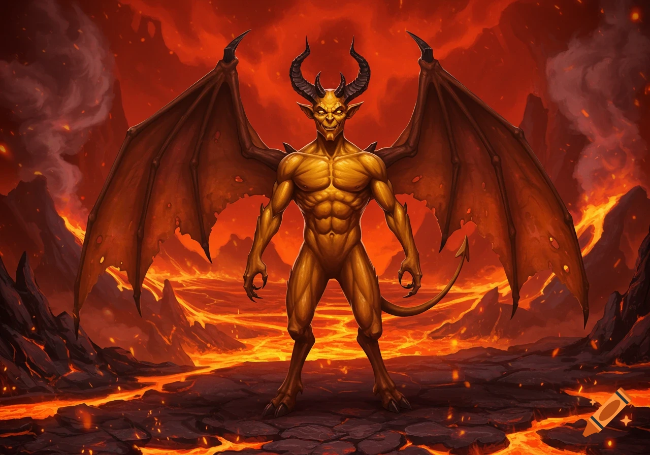 A muscular, golden-skinned devil-like creature with horns, large bat-like wings, and a tail stands in a fiery, lava-filled landscape.