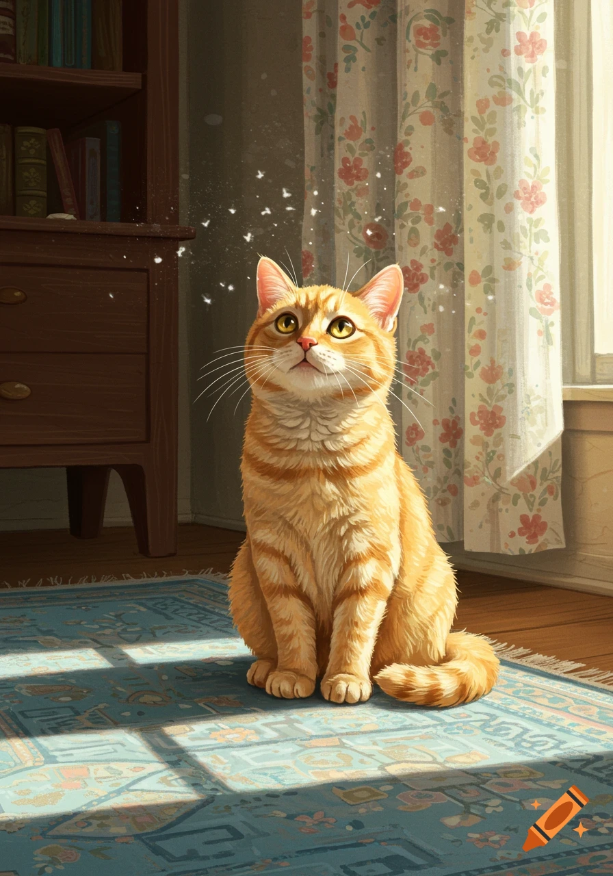 An orange tabby cat sits on a patterned blue rug, looking up at white floating specks in a sunlit room with a bookshelf and floral curtains.