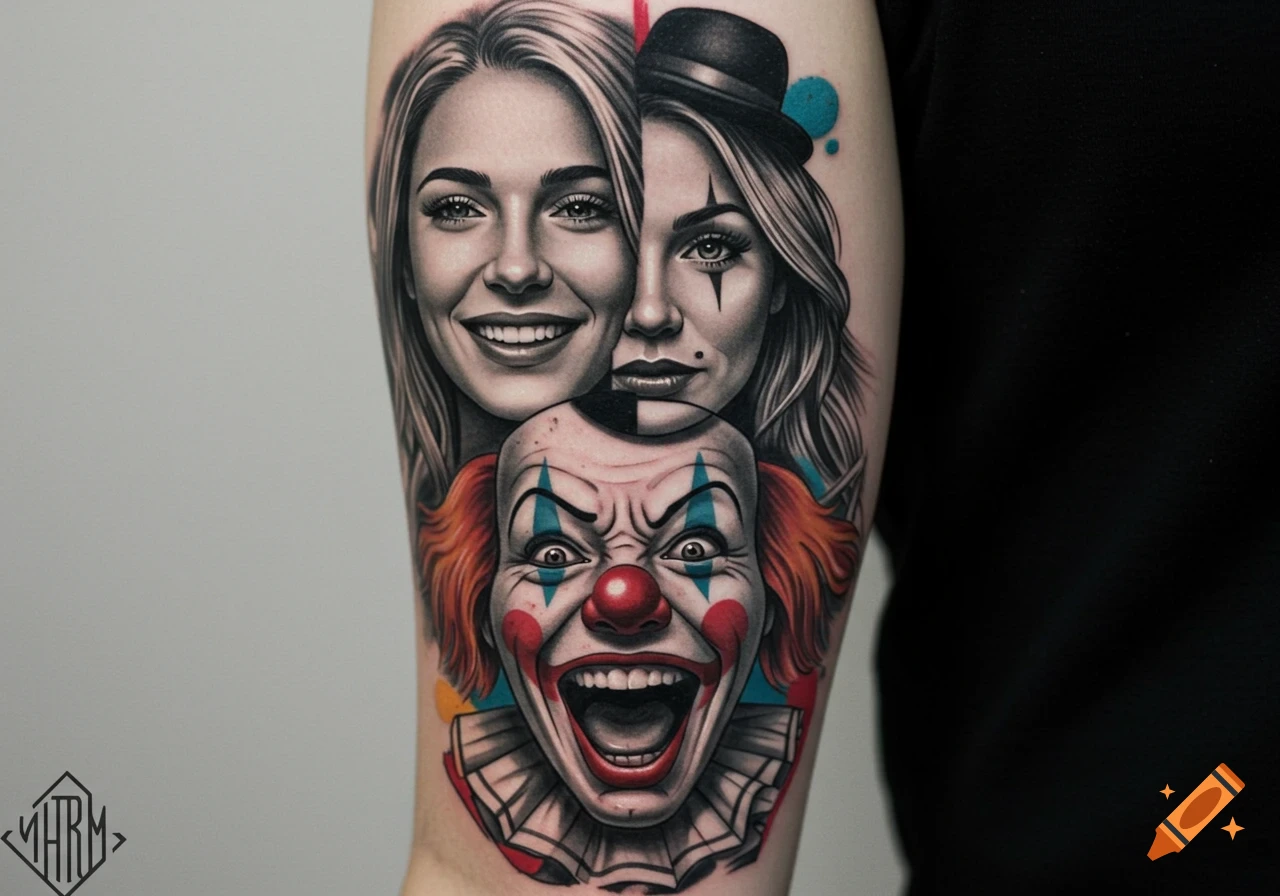Realistic tattoo on an arm featuring a woman's face, a masked face, and a laughing clown below, with colorful accents.