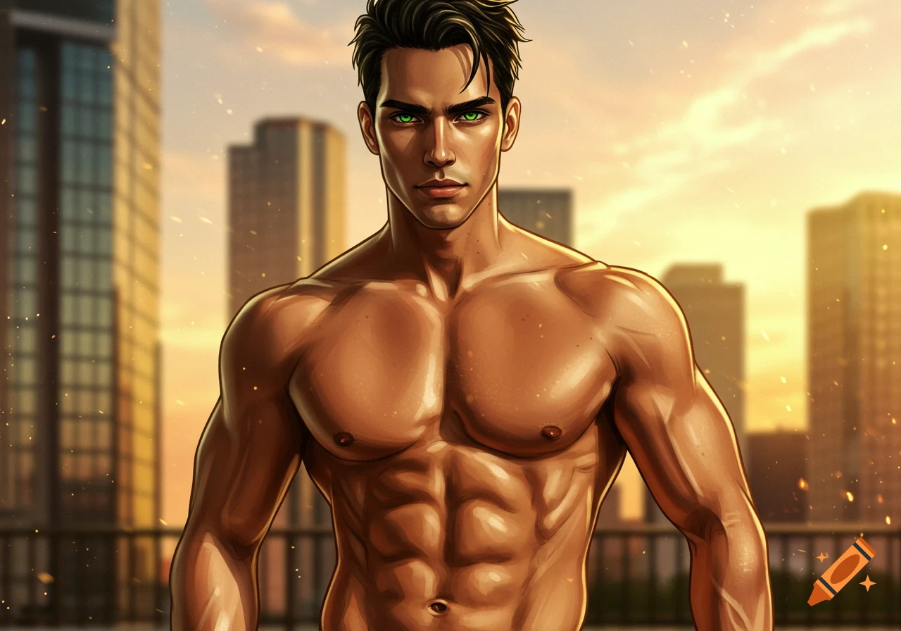 A shirtless, buff man with black hair and green eyes stands in front of a city skyline at sunset in an illustration.