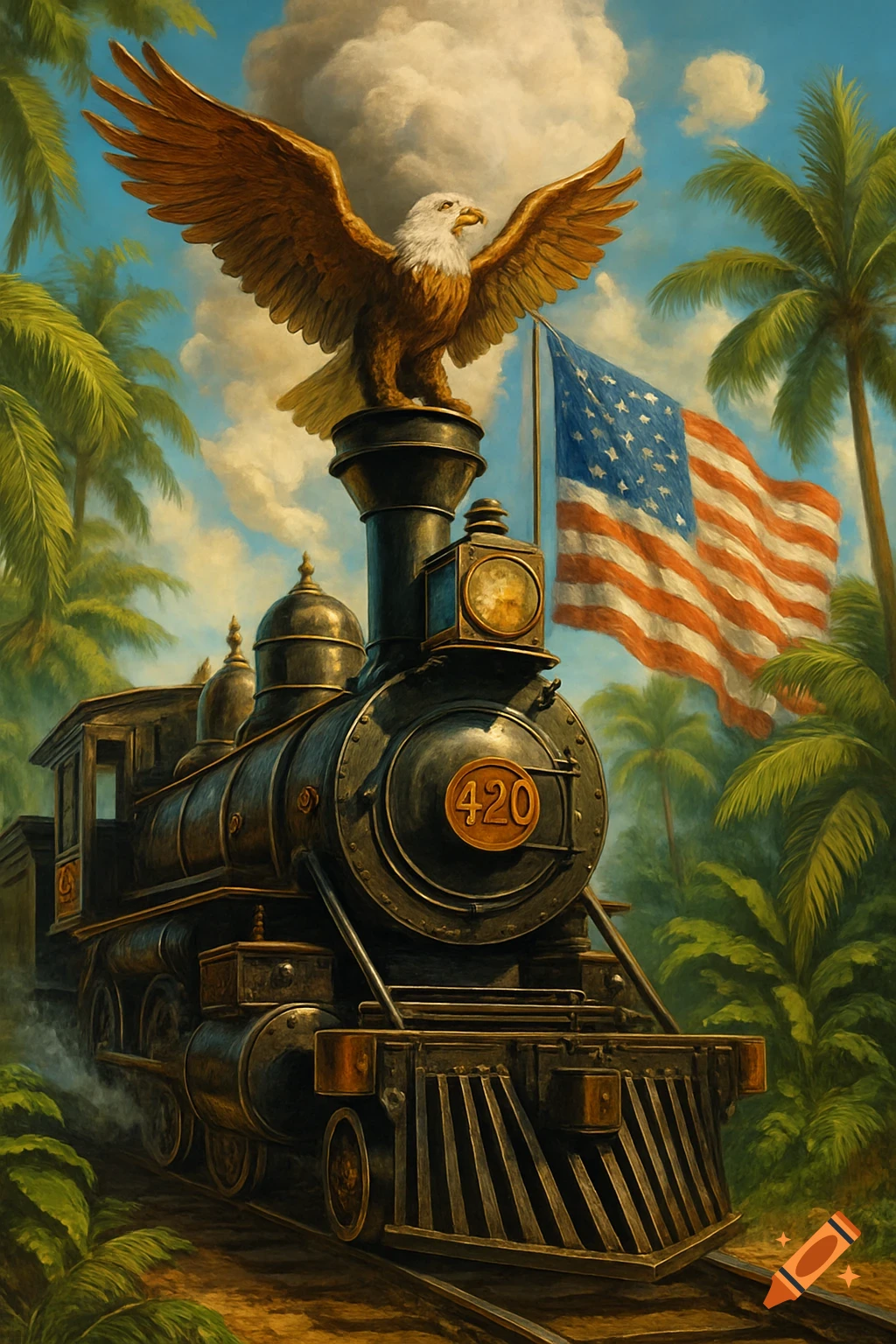 A black steam locomotive with '420' on its front, topped by a bald eagle with spread wings, in a tropical landscape with an American flag.