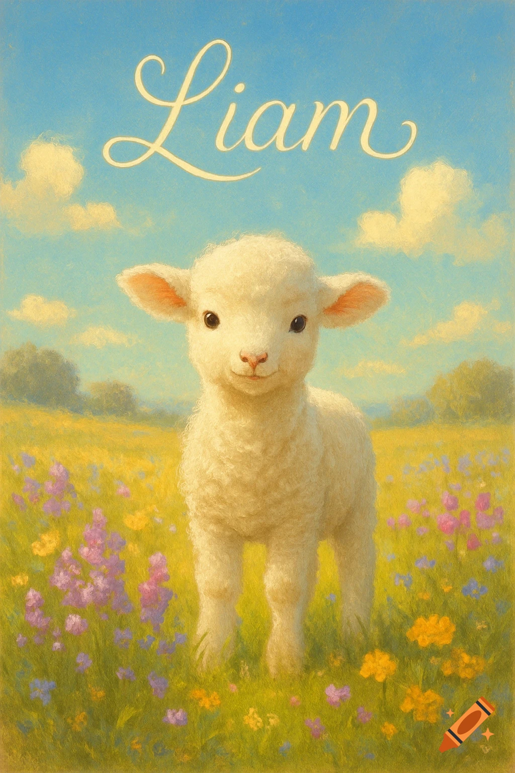 A cute, fluffy lamb stands in a field of colorful wildflowers under a blue sky, with the name 'Liam' written above in a whimsical script.
