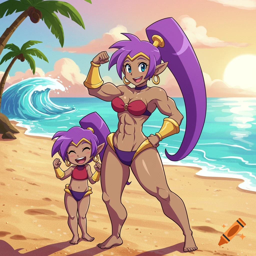 Cartoon Shantae and her daughter flex their muscles on a sunny beach with palm trees and ocean waves.