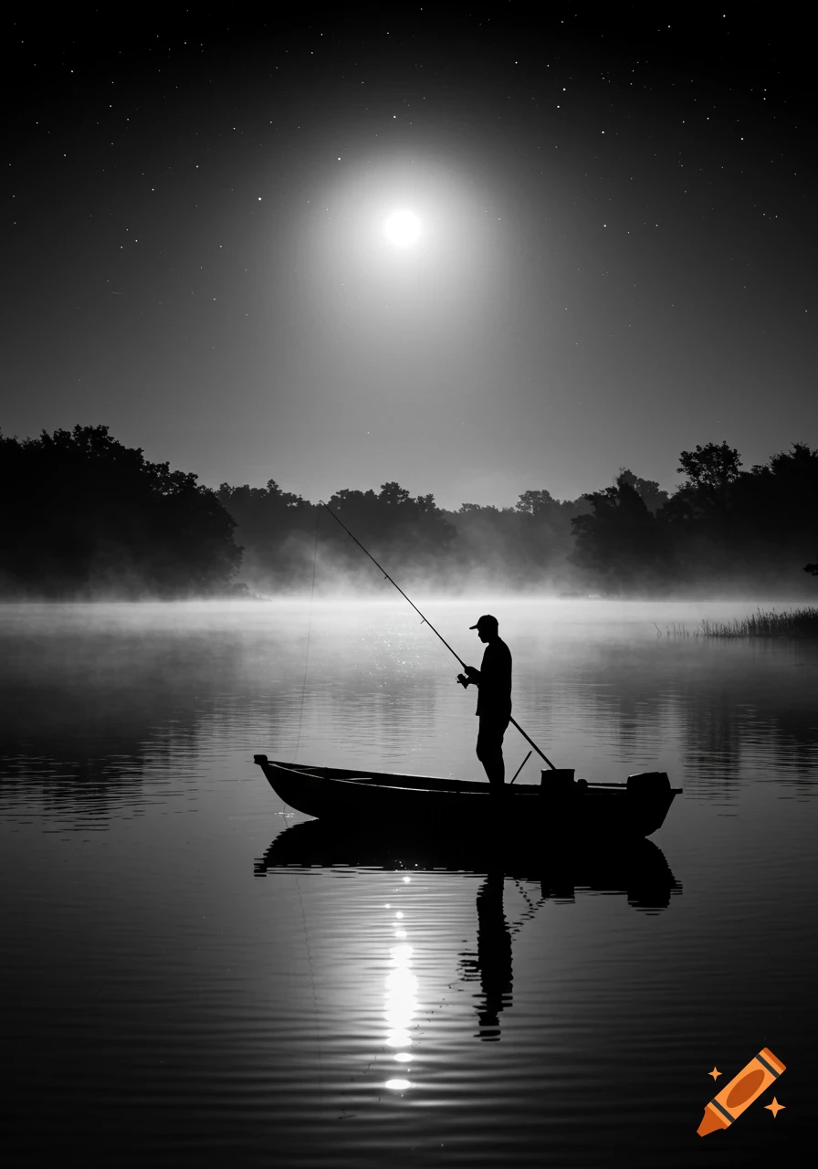 A black and white silhouette of a man fishing from a boat on a misty lake under a bright full moon and starry sky.