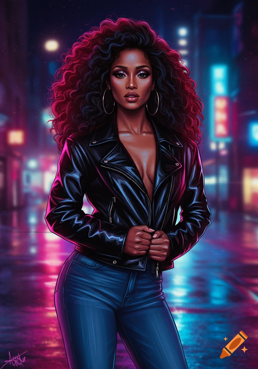 Stylized illustration of a woman with dark curly hair in a black leather jacket and blue jeans, standing in a neon-lit city.