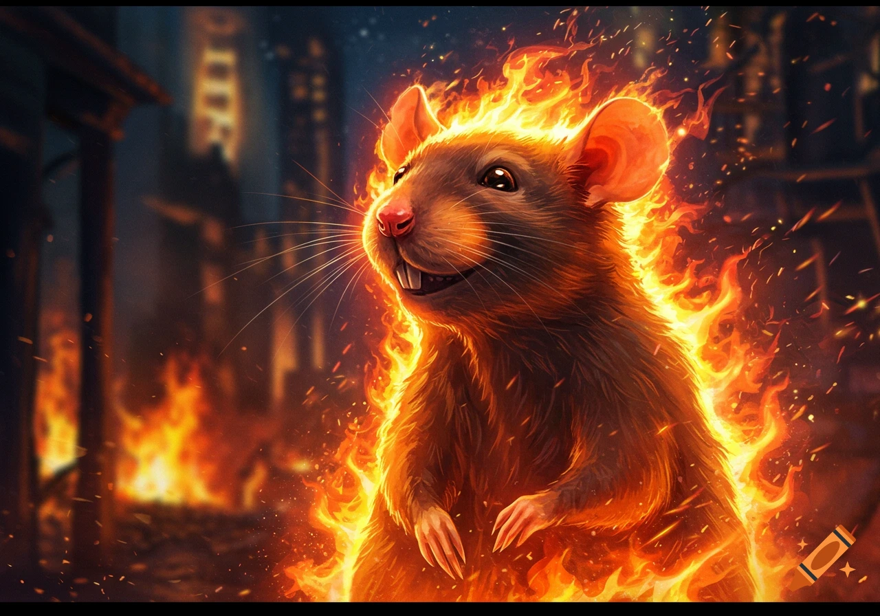 A smiling anthropomorphic rat is engulfed in vibrant orange and yellow flames, set against a dark, blurred background.