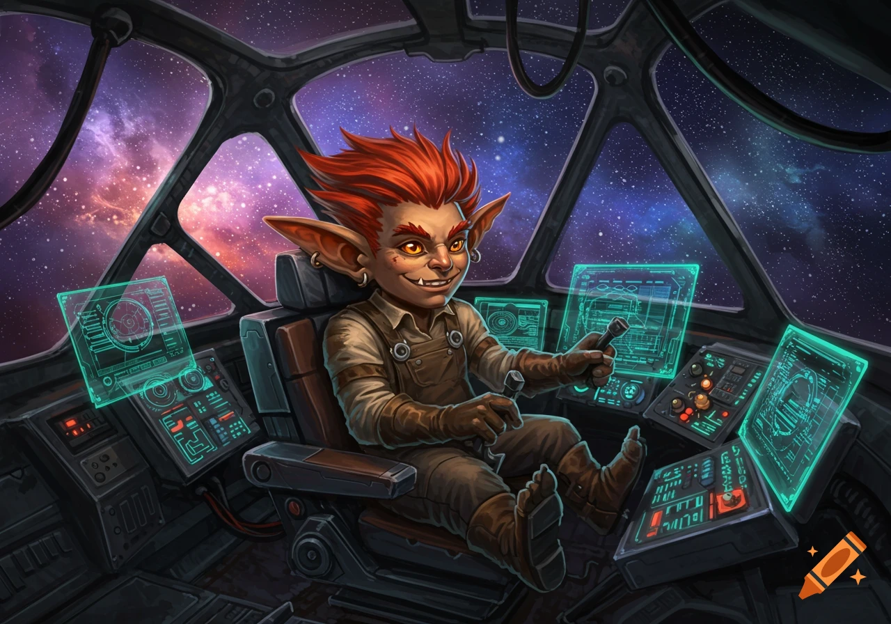 A grinning, red-headed goblin mechanic pilots a futuristic spaceship, surrounded by glowing control panels and a vibrant galaxy.