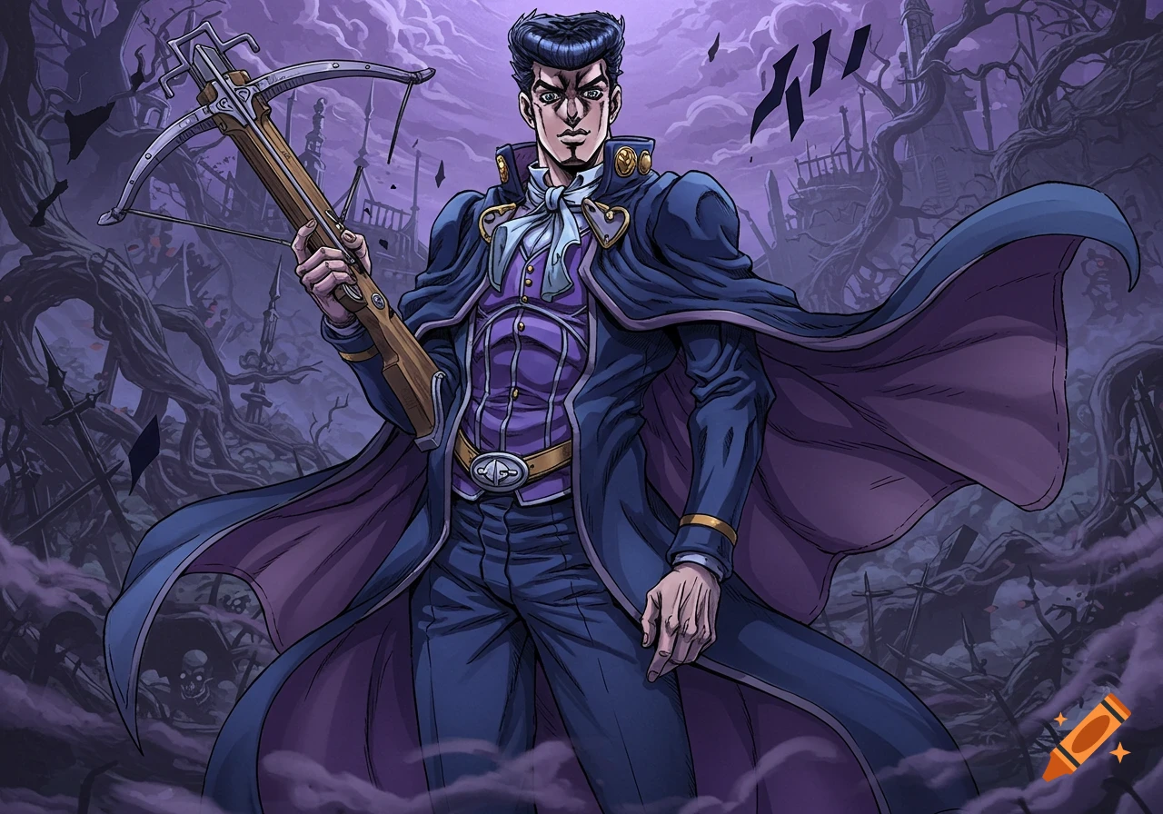 Jojo's Bizarre Adventure style character in purple and blue, holding a crossbow, in a dark, gothic forest.