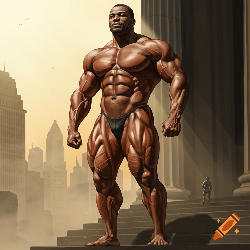 A massively muscular Black bodybuilder poses on large steps, with classical columns and a city skyline in the background, in a digital painting.