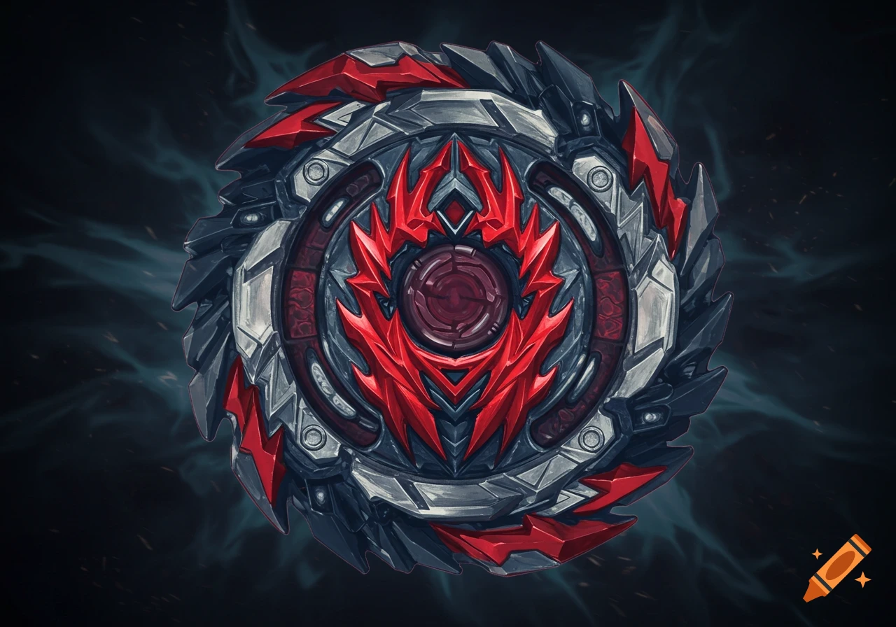 A detailed red and gray Beyblade with sharp, metallic spikes against a dark, smoky background.
